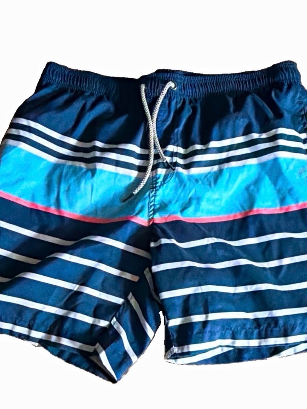 Men's Navy & Aqua Striped Swim Trunks with Pink Accent